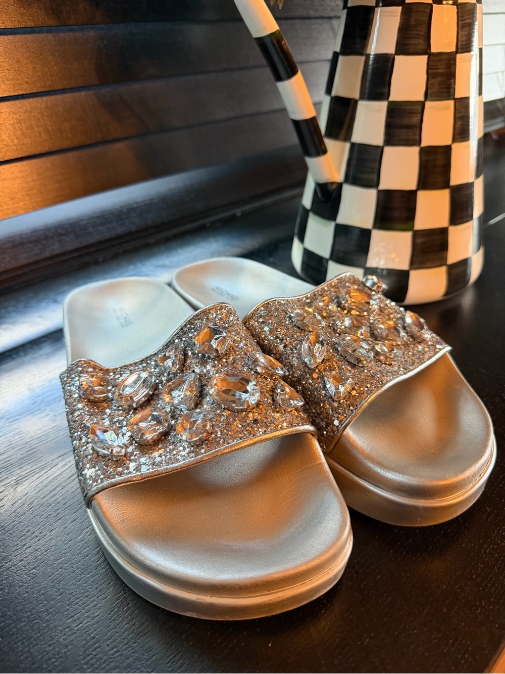 Michael Kors Crystal-Embellished Silver Slide Sandals